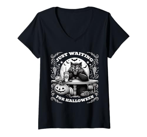 Damen Werwolf Just Waiting for Halloween Spooky Scary Night T-Shirt mit V-Ausschnitt Damen Werwolf Just Waiting for Halloween Spooky Scary Night T-Shirt mit V-Ausschnitt von Creepy Werewolf Pumpkin Haunted Halloween Squad