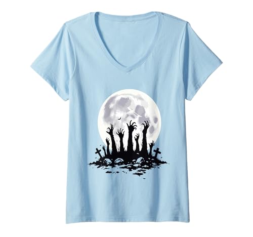 Damen Gruselige Zombiehände Vollmond Horror Halloween Gruselzeit T-Shirt mit V-Ausschnitt Damen Gruselige Zombiehände Vollmond Horror Halloween Gruselzeit T-Shirt mit V-Ausschnitt von Creepy zombie hands rising with a full moon nights