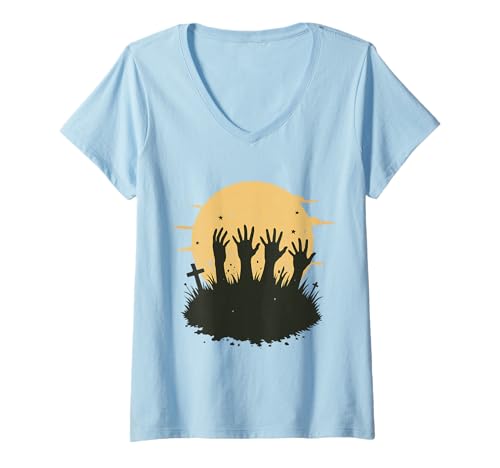Damen Gruselige Zombiehände Vollmond Horror Halloween Gruselzeit T-Shirt mit V-Ausschnitt Damen Gruselige Zombiehände Vollmond Horror Halloween Gruselzeit T-Shirt mit V-Ausschnitt von Creepy zombie hands rising with a full moon nights