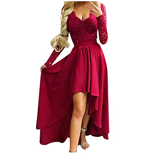 Abendkleider Damen Lang Spitzen Kleid Elegant Einfarbig Tiefer V-Ausschnitt Ballkleid Langarm High Waist A-Linie Saum Cocktailkleid Knöchellanges Unregelmäßiger Saum Winterkleid Für Hochzeit von CreoQIJI