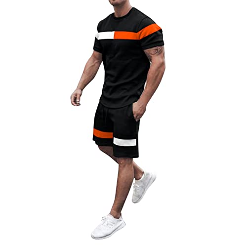 Anzug Trolley Männer Sommer Frühling und Sommer Gestreifte Quadrate Trainingsanzug 2-teilige Outfits Kurzarm T-Shirts und Shorts Jogging-Sets Sportlicher Sportanzug Sweatsuits Sportswear (Black, XL) von CreoQIJI