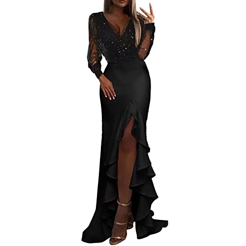 CreoQIJI Abendkleider Elegant Für Hochzeit Cocktailkleid Sexy Durchsichtig Langarm Partykleid Glitzer Tüll Tiefer V-Ausschnitt Maxikleider Lang Slim-Fit Mit Schlitz Rüschenkleid Ballkleid von CreoQIJI