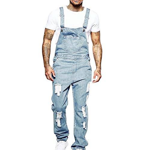 CreoQIJI Bib Jeans Herren Lang Strap Jeans, Slim Fit Destroyed Jeans Elastische Cowboy Zerrissene Jeans mit Taschen Latzhose Klassisch Retro Jeanshose Jugendliche Streatwear Funky Bib Jeans S-3XL von CreoQIJI