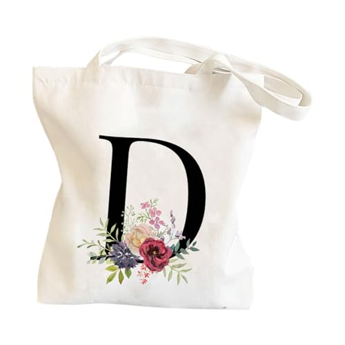 CreoQIJI Business Taschen Herren Canvas-Tasche mit Blumen- und Buchstaben-Print für Männer und Frauen zum Einkaufen und Picknicken Taschen Organizer Shopper (D, One Size) von CreoQIJI