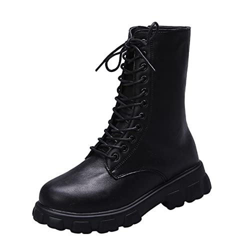 CreoQIJI Gelb einfarbiges runde Zehen Bikerstiefel Schnürstiefel mit Plateausohle Schuhe Für Schmale Füße Damen (Black, 42) von CreoQIJI