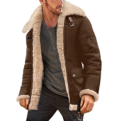 CreoQIJI Herren Jacke Revers Kunstlederjacke Jacke | mit Teddyfutter Gefütterte Thermojacke Kunstleder Mode Herren Wintermantel Sportlich Atmungsaktiv Übergangsjacke für Herren Winter Herbst S-5XL von CreoQIJI