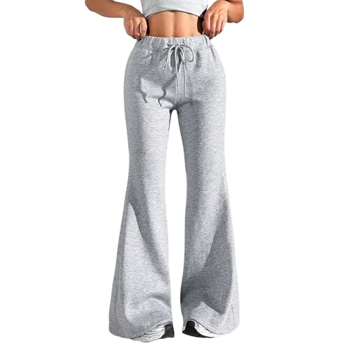 CreoQIJI Hose Damen Schlaghose Sexy Y2K Low Waist Yogahose Lang Stretch Bootcut Freizeithose mit Gummizug Jogginghose Grau Flared Hose Lässige Sport Trainingshose Bequem Sweathose Sporthose von CreoQIJI