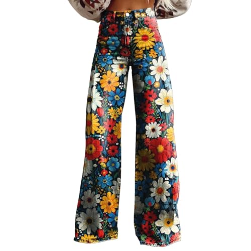 CreoQIJI Hosen Damen High Waist Schlaghose mit Blumenmuster Freizeithose Baggy Pants Damen Stretch Bootcut Sommerhose Jogginghose Schlaghose Jeans mit Blumendruck Weite Beine Hose Trainingshose von CreoQIJI