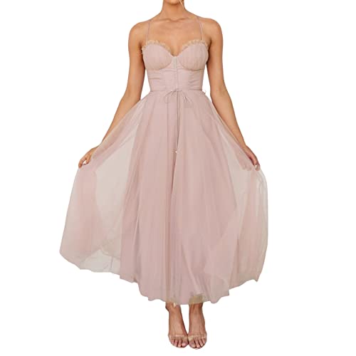 CreoQIJI Langes Kleid Elegant Europäisches und amerikanisches neues Temperament Sexy -Mesh-Party-Abendkleid Kleid Kurzes Schwarzes Kleid (Pink, S) von CreoQIJI