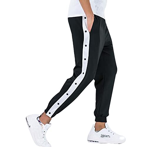 CreoQIJI Reha Hose Herren Seitlich Zu Öffnen Locker sitzende, seitlich geknöpfte Basketball-Trainings-Jogginghose mit elastischen Bündchen (White, L) von CreoQIJI