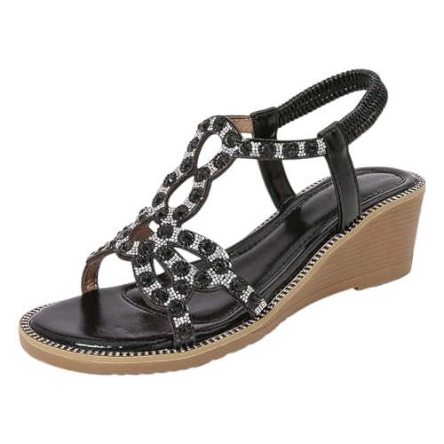 CreoQIJI Sandalen Damen Mit Absatz Silber Rhinestone Sandals Sandaletten Damen Mit Keilabsatz Keilsandalen Abendschuhe Bohemian Römersandalen Glitter Strass Sandalen Peeptoe Sandalette von CreoQIJI