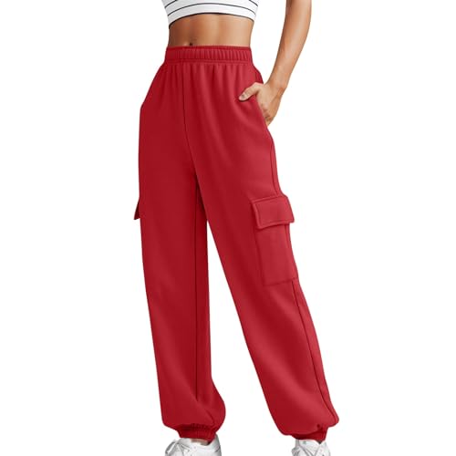 Dschungelcamp Hose Damen Lose Cargo-Hose für Damen, Retro-Stil, mehrere Taschen, niedrige Taille, Kordelzug, Schweinenase, Schnalle, schmale, gerade gewebte Freizeithose Kurze Hose Damen (Red, XL) von CreoQIJI