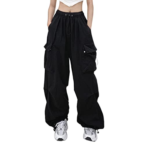 Fallschirmhosen Damen Cargohose Vintage Baggy Hosen Teenager Mädchen Y2K Weites Bein Jogginghose High Waist Straight Elastische Bund Track Pants Parachute Pants Mit Taschen Arbeitshose von CreoQIJI