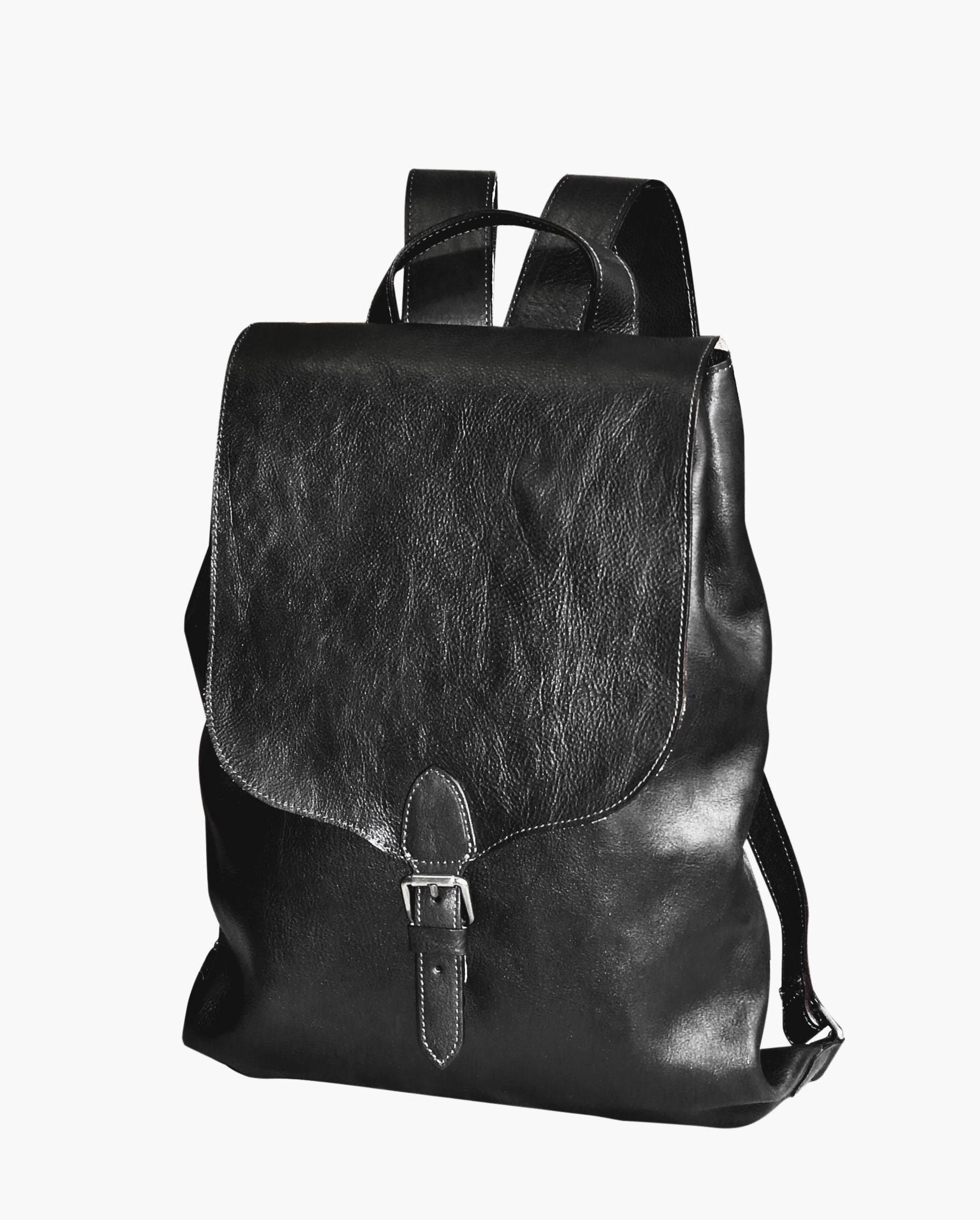 Schwarzer Leder-Laptop-Rucksack Unisex Pendler-Reisetasche von CreolBags