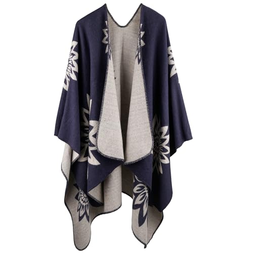 Crertos Poncho Damen Winter, Warm Cape Damen, Strick Poncho Herbst Schal Wrap, Winddichte Mantel Poncho Decke Open Front Cardigan Coat für Frau Mädch Festliche Geschenke von Crertos