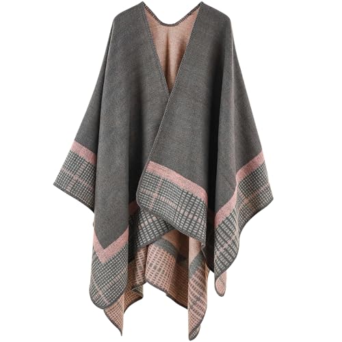 Crertos Poncho Damen Winter, Warm Cape Damen, Strick Poncho Herbst Schal Wrap, Winddichte Mantel Poncho Decke Open Front Cardigan Coat für Frau Mädch Festliche Geschenke von Crertos