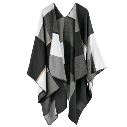 Crertos Poncho Damen Winter, Warm Cape Damen, Strick Poncho Herbst Schal Wrap, Winddichte Mantel Poncho Decke Open Front Cardigan Coat für Frau Mädch Festliche Geschenke von Crertos