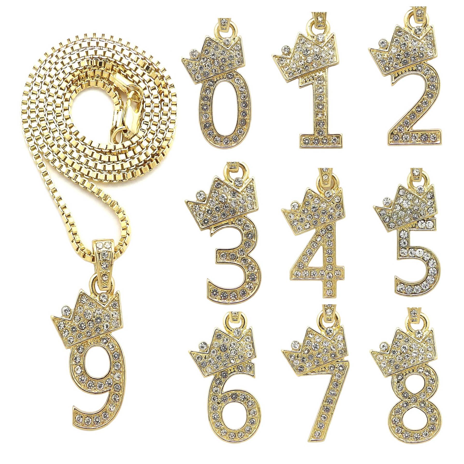 Ice Out Nummer 1 Bis 9 Kronenanhänger 2 Mm/24 "Boxketten-Mode-Halskette Ice Out Nummer 1 Bis 9 Kronenanhänger 2 Mm/24 "Boxketten-Mode-Halskette von CrescendoSJ