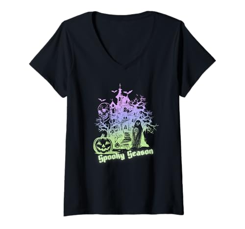 Damen Spukhaus in der gruseligen Jahreszeit T-Shirt mit V-Ausschnitt Damen Spukhaus in der gruseligen Jahreszeit T-Shirt mit V-Ausschnitt von CrescentCreek Halloween