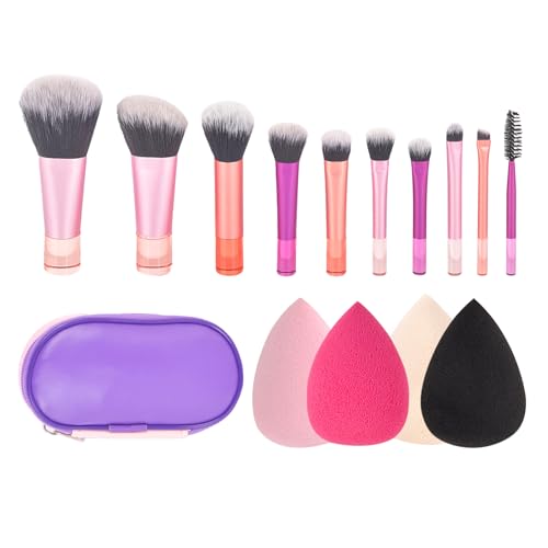10-teiliges Reise-Make-up-Pinsel-Set, 4-teiliges Make-up-Schwamm-Set mit Aufbewahrungstasche, tragbare Mini-Kosmetikpinsel für Foundation, Lidschatten, Highlight, Konturen, Rouge, Concealer, Lippen, von Cretvestsar