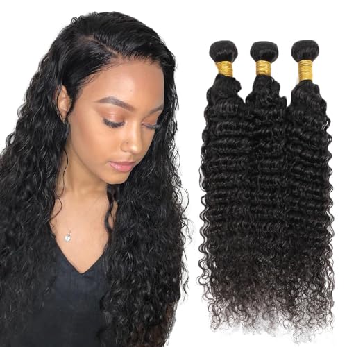 Creuost 22 24 26 Inch Deep Wave Bundles Human Hair Extensions Echthaar haarspangen damen Menschliches Haar Brazilian Virgin Hair Weave Double Weft 1b Natural Black 3 Bundles Total 300g von Creuost
