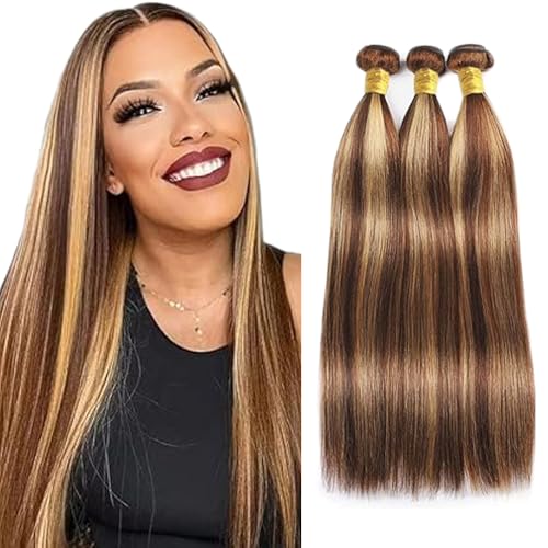 Creuost 22 24 26 Inch Straight Bundles Human Hair Extensions Echthaar haarspangen damen Menschliches Haar Brazilian Virgin Hair Weave Double Weft p4/27 Highlight Brown 3 Bundles Total 300g von Creuost