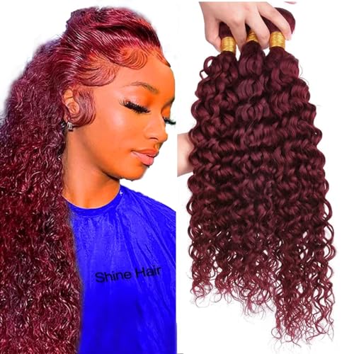Creuost 24 24 24 Inch Water Wave Bundles Human Hair Extensions Echthaar haarspangen damen Menschliches Haar Brazilian Virgin Hair Weave Double Weft #99j Burgundy 3 Bundles Total 300g von Creuost