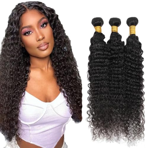 Creuost 24 26 28 Inch Deep Wave Bundles Human Hair Extensions Echthaar haarspangen damen Menschliches Haar Brazilian Virgin Hair Weave Double Weft 1b Natural Black 3 Bundles Total 300g von Creuost