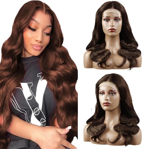 Creuost 24 Inch Body Wave 4X1 Lace Frontal Human Hair Wig Swiss Spitze Echthaar Perücke haarspangen damen Unprocessed Brazilian Virgin Hair Pre Plucked With Natural Hairline #4 Chocolate Brown von Creuost