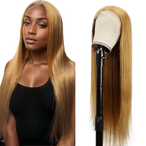 Creuost 24 Inch Echthaar Perücke Straight 4X1 Swiss Spitze Lace Frontal Human Hair Wig haarspangen damen Unprocessed Brazilian Virgin Hair Pre Plucked With Natural Hairline #27 Honey Blonde von Creuost
