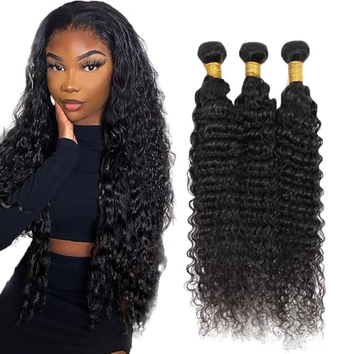 Creuost 26 28 30 Zoll Deep Wave Bundles Human Hair Extensions Echthaar haarspangen damen Menschliches Haar Brazilian Virgin Hair Weave Double Weft 1b Natural Black 3 Bundles Total 300g von Creuost