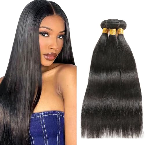 Creuost 26 28 30 Zoll Straight Bundles Human Hair Extensions Echthaar haarspangen damen Menschliches Haar Brazilian Virgin Hair Weave Double Weft 1b Natural Black 3 Bundles Total 300g von Creuost