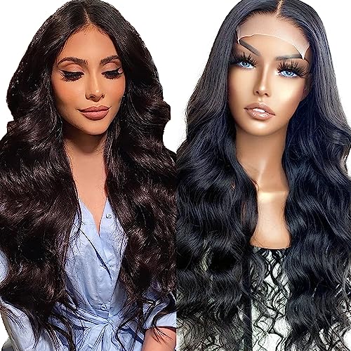 Creuost 26 Zoll Body Wave 4X1 Lace Frontal Human Hair Wig Swiss Spitze Echthaar Perücke haarspangen damen Unprocessed Brazilian Virgin Hair Pre Plucked With Natural Hairline 1b Natural Black von Creuost