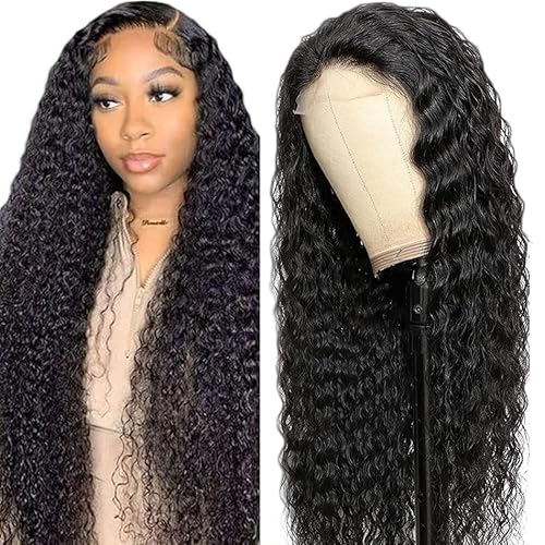 Creuost 26 Zoll Deep Wave 4X1 Lace Frontal Human Hair Wig Swiss Spitze Echthaar Perücke haarspangen damen Unprocessed Brazilian Virgin Hair Pre Plucked With Natural Hairline 1b Natural Black von Creuost