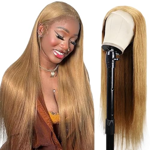 Creuost 26 Zoll Echthaar Perücke Straight 4x4 Swiss Spitze Lace Frontal Human Hair Wig haarspangen damen Unprocessed Brazilian Virgin Hair Pre Plucked With Natural Hairline #27 Honey Blonde von Creuost