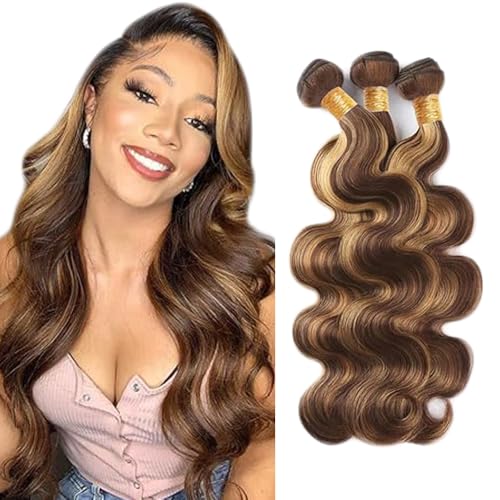 Creuost 28 30 32 Inch Body Wave Bundles Human Hair Extensions Echthaar haarspangen damen Menschliches Haar Brazilian Virgin Hair Weave Double Weft p4/27 Highlight Brown 3 Bundles Total 300g von Creuost