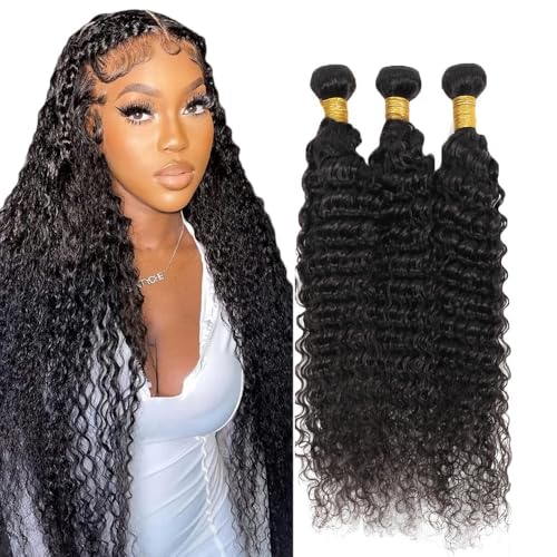 Creuost 28 30 32 Inch Deep Wave Bundles Human Hair Extensions Echthaar haarspangen damen Menschliches Haar Brazilian Virgin Hair Weave Double Weft 1b Natural Black 3 Bundles Total 300g von Creuost