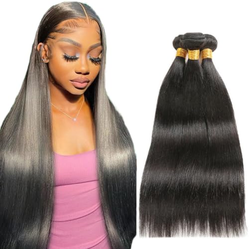 Creuost 28 30 32 Inch Straight Bundles Human Hair Extensions Echthaar haarspangen damen Menschliches Haar Brazilian Virgin Hair Weave Double Weft 1b Natural Black 3 Bundles Total 300g von Creuost