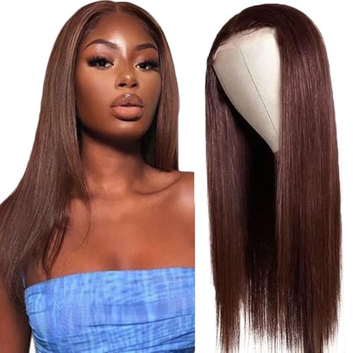 Creuost 28 Inch Straight 4X1 Lace Frontal Human Hair Wig Swiss Spitze Echthaar Perücke haarspangen damen Unprocessed Brazilian Virgin Hair Pre Plucked With Natural Hairline #4 Chocolate Brown von Creuost