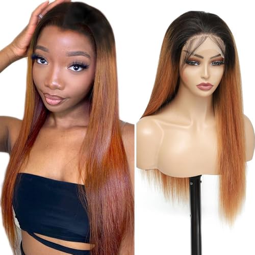 Creuost 28 Inch Straight 4x4 Lace Frontal Human Hair Wig Swiss Spitze Echthaar Perücke haarspangen damen Brazilian Virgin Hair Pre Plucked With Natural Hairline 1b30 Black Root Ombre Brown von Creuost