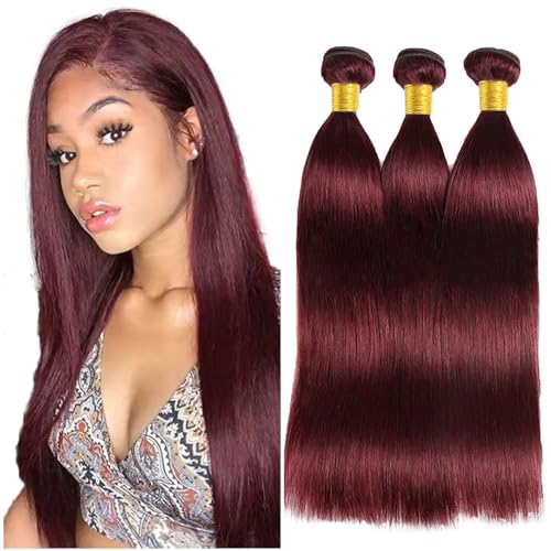 Creuost 30 30 30 Zoll Straight Bundles Human Hair Extensions Echthaar haarspangen damen Menschliches Haar Brazilian Virgin Hair Weave Double Weft #99j Burgundy 3 Bundles Total 300g von Creuost