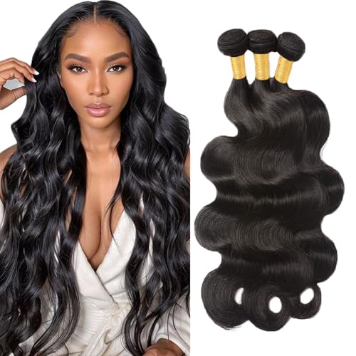 Creuost 30 32 34 Inch Body Wave Bundles Human Hair Extensions Echthaar haarspangen damen Menschliches Haar Brazilian Virgin Hair Weave Double Weft 1b Natural Black 3 Bundles Total 300g von Creuost