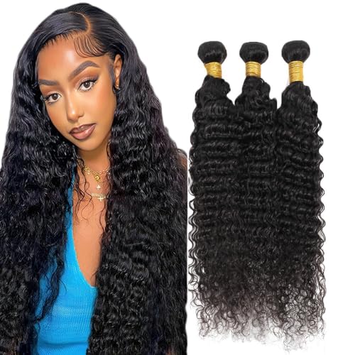 Creuost 30 32 34 Inch Deep Wave Bundles Human Hair Extensions Echthaar haarspangen damen Menschliches Haar Brazilian Virgin Hair Weave Double Weft 1b Natural Black 3 Bundles Total 300g von Creuost