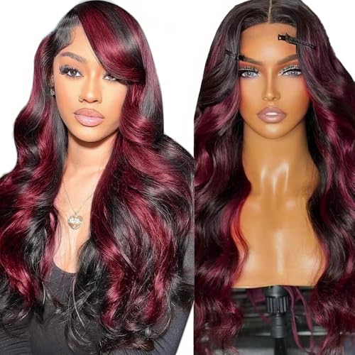 Creuost 30 Zoll Body Wave 4x4 Lace Frontal Human Hair Wig Swiss Spitze Echthaar Perücke haarspangen damen Brazilian Virgin Hair Pre Plucked Natural Hairline 1b/99j Black Root Ombre Burgundy von Creuost