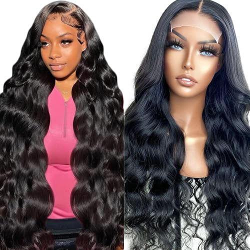 Creuost 34 Zoll Body Wave 4X1 Lace Frontal Human Hair Wig Swiss Spitze Echthaar Perücke haarspangen damen Unprocessed Brazilian Virgin Hair Pre Plucked With Natural Hairline 1b Natural Black von Creuost