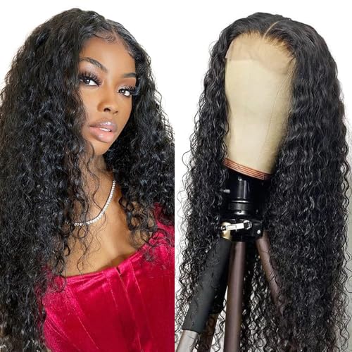 Creuost 34 Zoll Deep Wave 4x4 Lace Frontal Human Hair Wig Swiss Spitze Echthaar Perücke haarspangen damen Unprocessed Brazilian Virgin Hair Pre Plucked With Natural Hairline 1b Natural Black von Creuost
