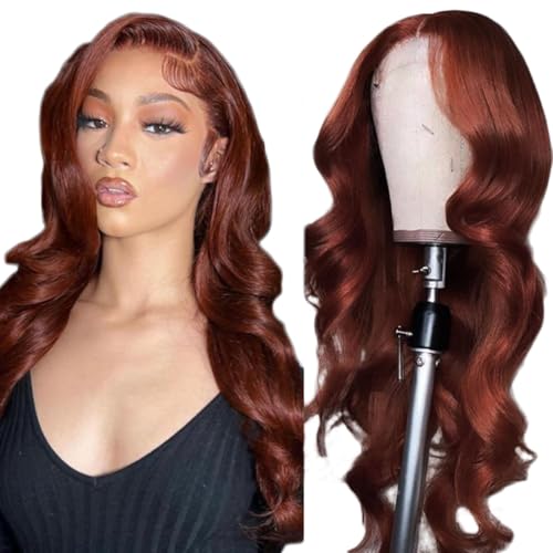 Creuost Body Wave 4X1 Lace Frontal Human Hair Wig Swiss Spitze Echthaar Perücke haarspangen damen Unprocessed Brazilian Virgin Hair Pre Plucked With Natural Hairline #33 Reddish Brown 18 Zoll von Creuost