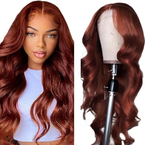 Creuost Body Wave 4X1 Lace Frontal Human Hair Wig Swiss Spitze Echthaar Perücke haarspangen damen Unprocessed Brazilian Virgin Hair Pre Plucked With Natural Hairline #33 Reddish Brown 20 Inch von Creuost