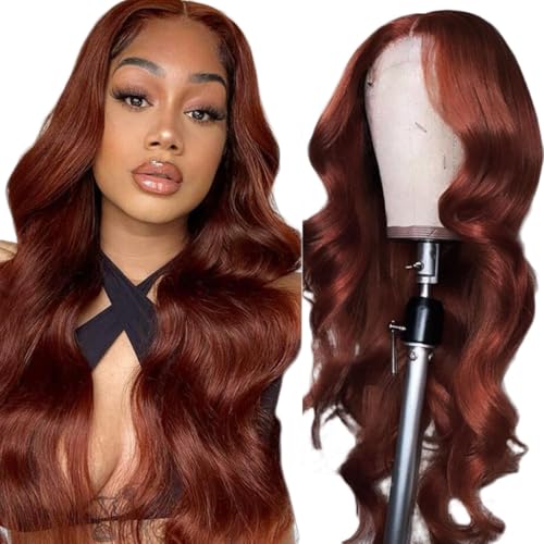 Creuost Body Wave 4X1 Lace Frontal Human Hair Wig Swiss Spitze Echthaar Perücke haarspangen damen Unprocessed Brazilian Virgin Hair Pre Plucked With Natural Hairline #33 Reddish Brown 22 Zoll von Creuost