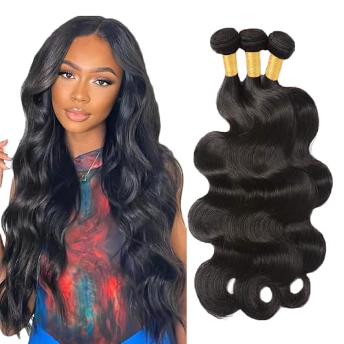 Creuost Body Wave Bundles Human Hair Extensions Echthaar haarspangen damen Menschliches Haar Brazilian Virgin Hair Weave Double Weft 1b Natural Black 3 Bundles Total 300g 12 14 16 Inch von Creuost